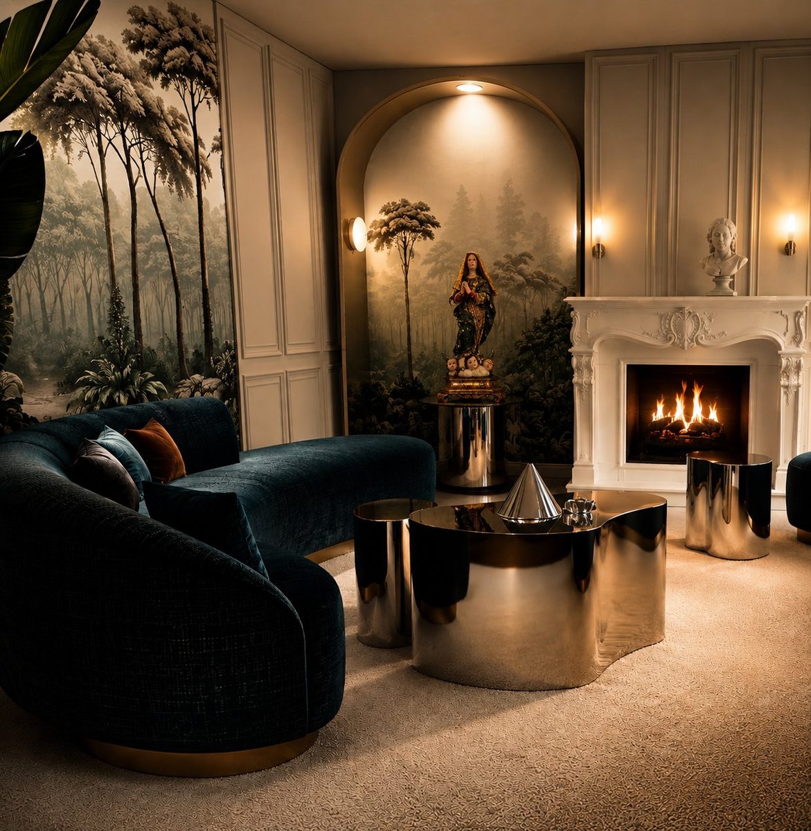 collect/10 — Wohnzimmer mit Wandgemälde, Kamin und Velvet-Sofa